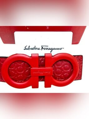 Salvatore Ferragamo Red Gancini Embossed Leather Belt